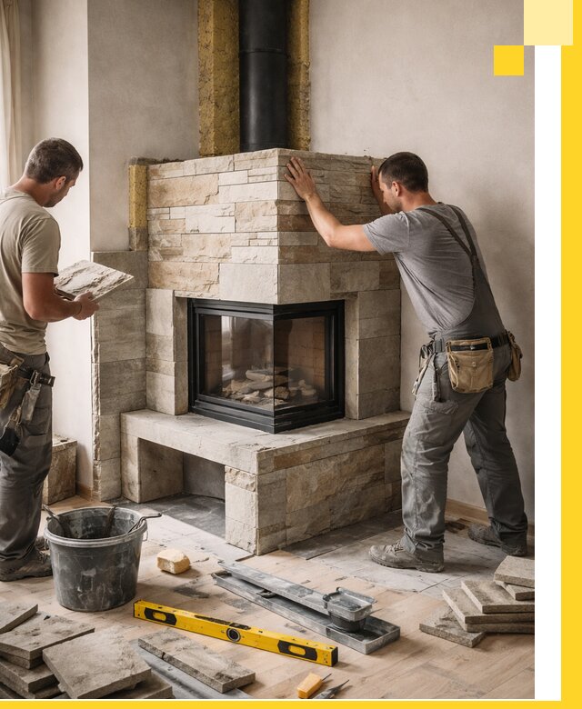 Угловые камины под ключ проект, монтаж и отделка в Новодвинске