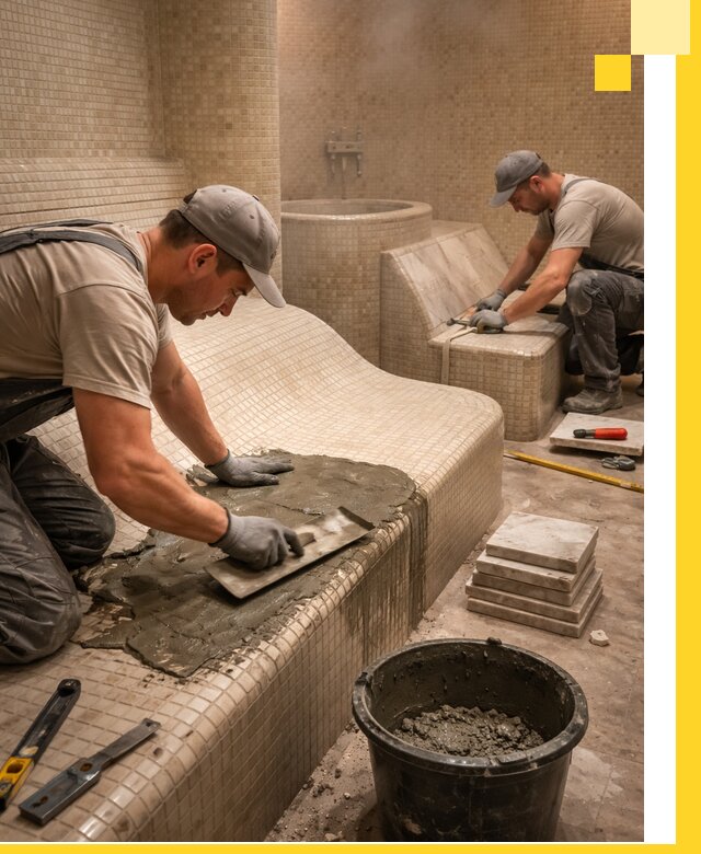 Лежаки для хамама под ключ в Новодвинске, проект и монтаж